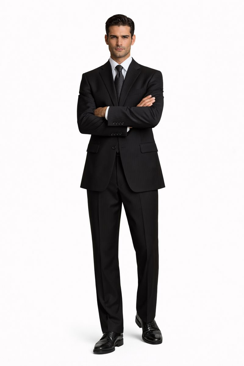 2 Button Pleated Pants Side Vents Conservative Pinstripe Color Black Men's Suit - Image 5
