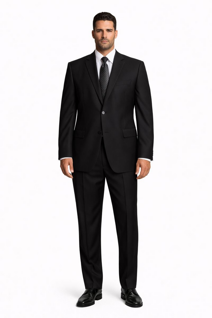 2 Button Pleated Pants Side Vents Conservative Pinstripe Color Black Men's Suit - Image 8