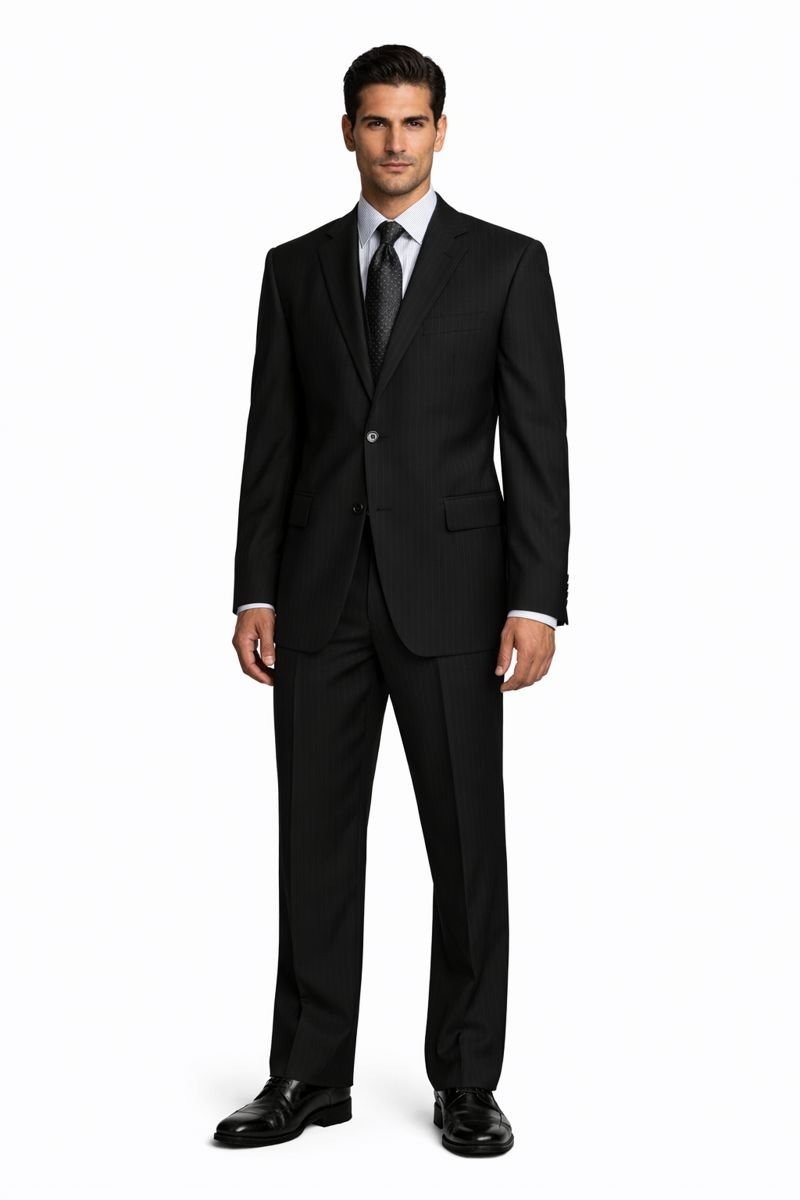 2 Button Pleated Pants Side Vents Conservative Pinstripe Color Black Men's Suit