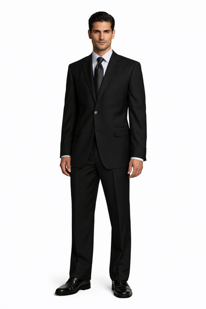 2 Button Pleated Pants Side Vents Conservative Pinstripe Color Black Men's Suit