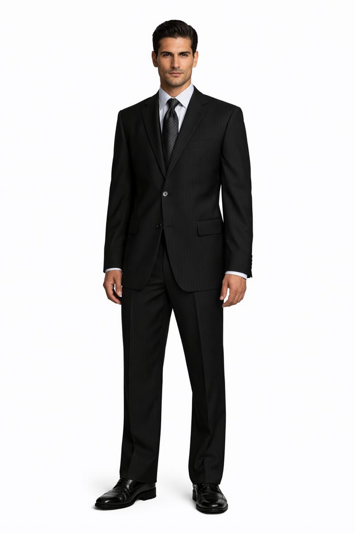 2 Button Pleated Pants Side Vents Conservative Pinstripe Color Black Men's Suit