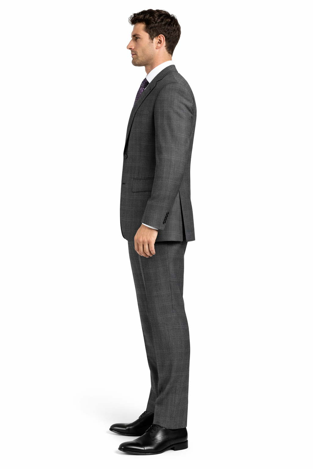 2 Button Slim Fitted Charcoal Glen Plaid & checkered check pattern Suit Men's - Image 4