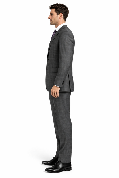 2 Button Slim Fitted Charcoal Glen Plaid & checkered check pattern Suit Men's - Image 4