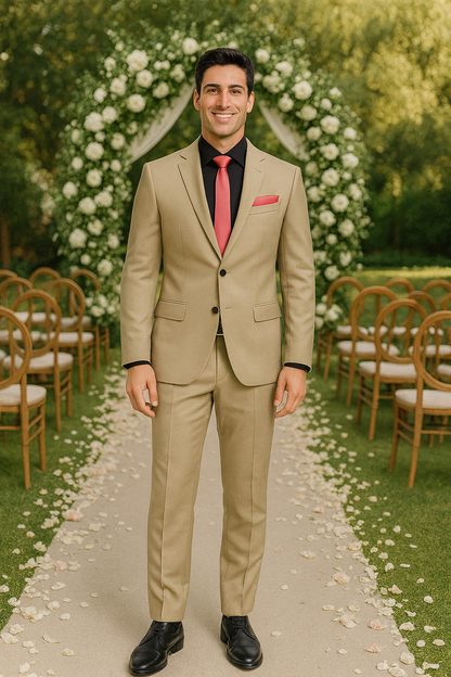 Vitali Brand Suits - 2 Button Suit Slim Fit Sharkskin Textured Pattern Tapered Fit With Vent Sand Online Discount Fashion Sale