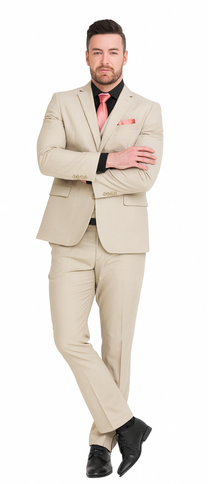 Vitali Brand Suits - 2 Button Suit Slim Fit Sharkskin Textured Pattern Tapered Fit With Vent Sand Online Discount Fashion Sale
