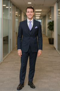 Vitali Brand Suits - 2 Button Suit Slim Fit Sharkskin Textured Pattern Tapered Fit With Vent Dark Navy Online Discount Fashion Sale