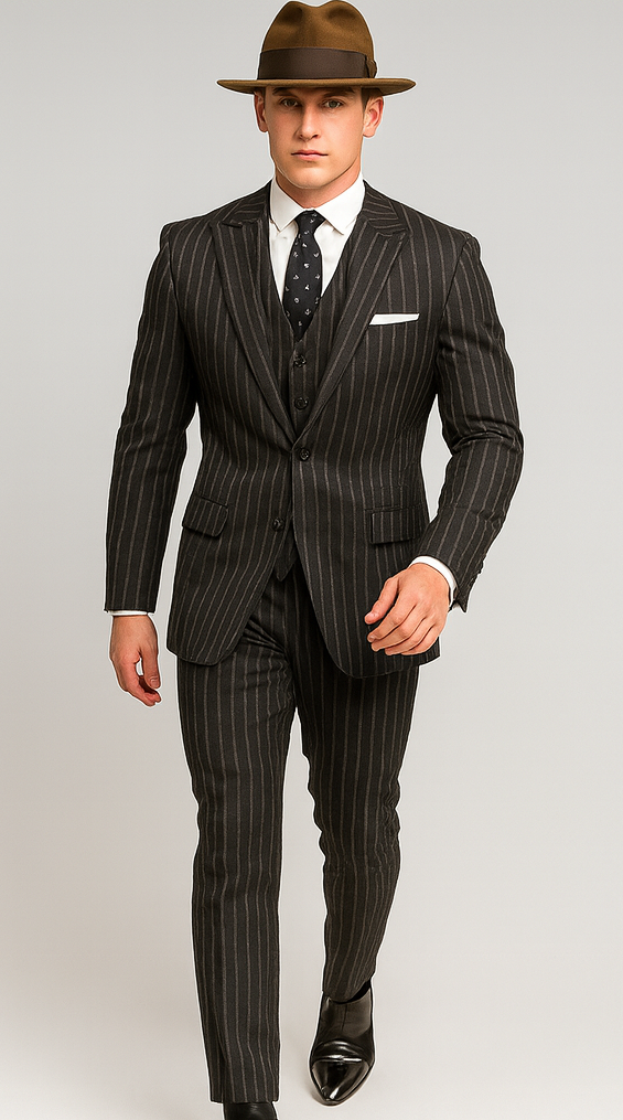 2 Buttons Black And Bold Chalk Gangster White Stripe Vested Big 1920 1930 Suit Flat Front Pants - Image 6