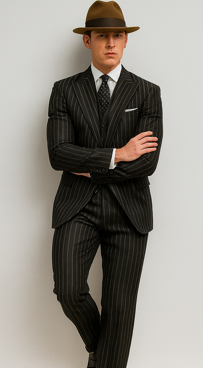 2 Buttons Black And Bold Chalk Gangster White Stripe Vested Big 1920 1930 Suit Flat Front Pants - Image 7