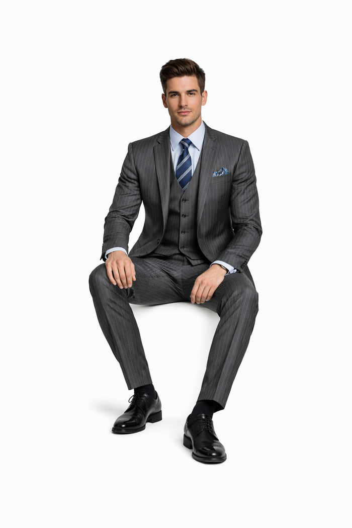 2 Buttons With Vest 3 Pieces Medium Grey PinStripe - Image 4