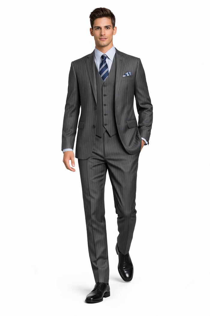2 Buttons With Vest 3 Pieces Medium Grey PinStripe - Image 5
