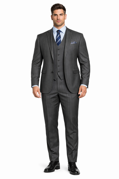 2 Buttons With Vest 3 Pieces Medium Grey PinStripe - Image 7