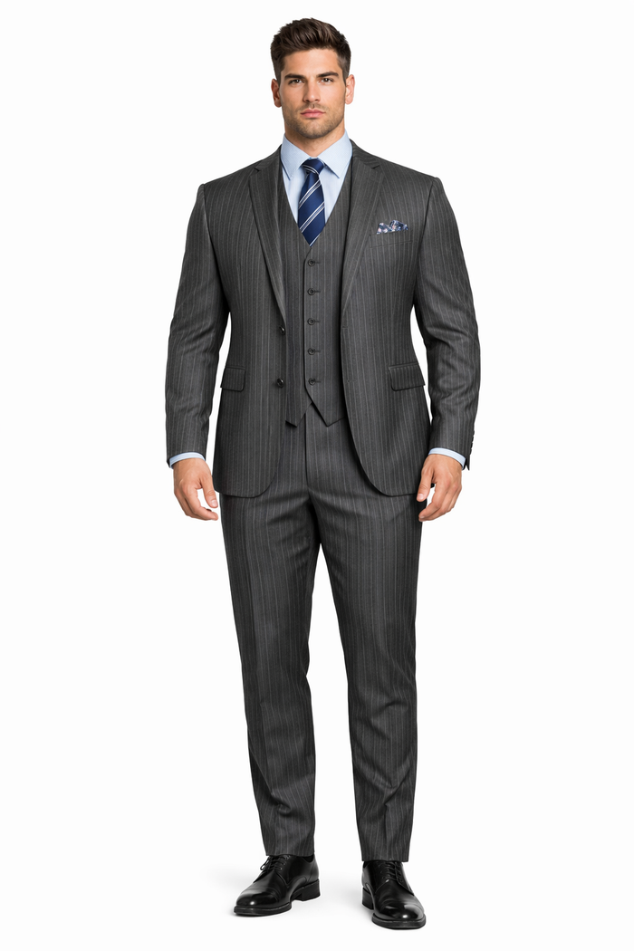 2 Buttons With Vest 3 Pieces Medium Grey PinStripe - Image 7