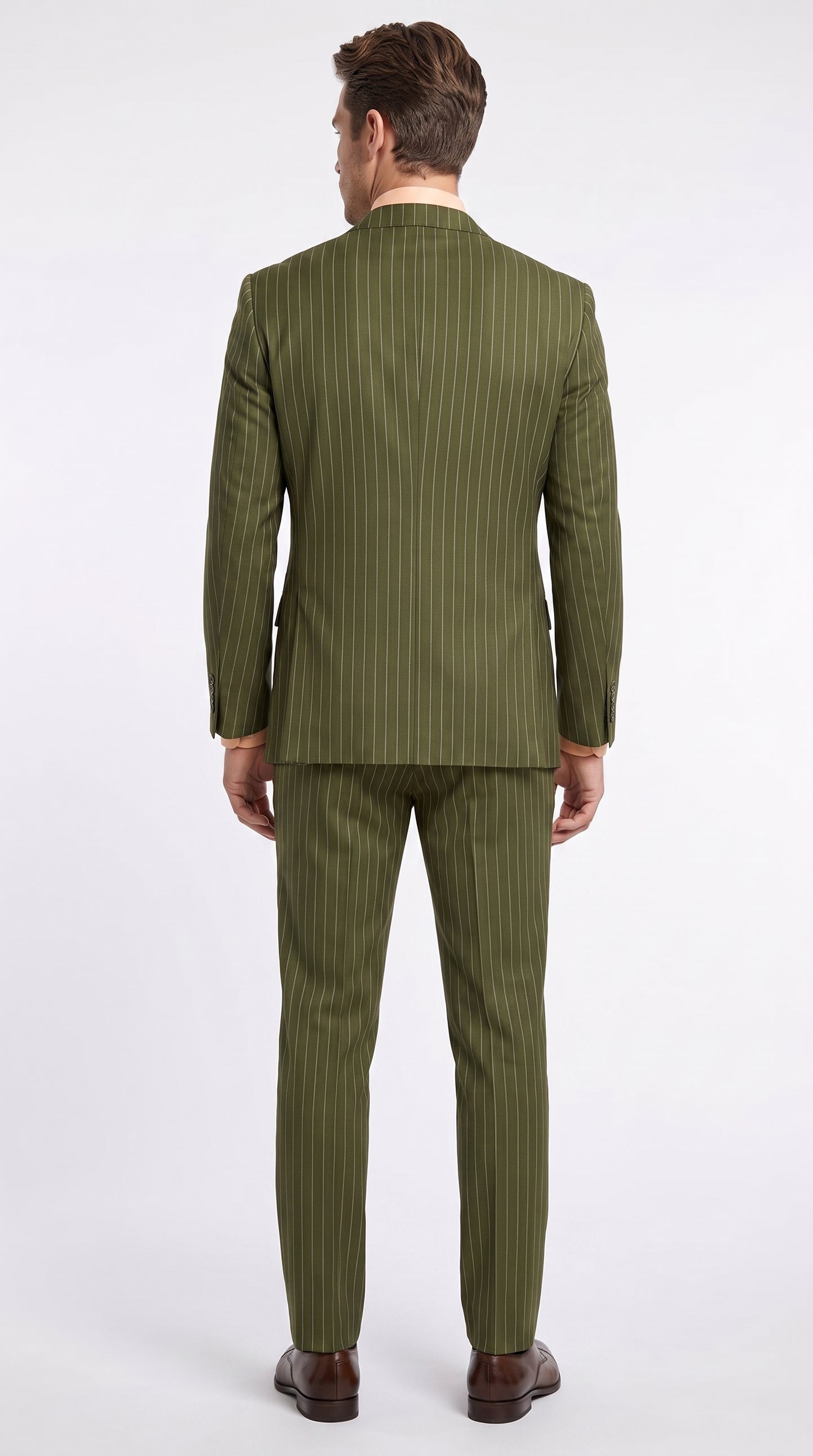 Men’s Olive Green Pinstripe Double-Breasted Suit – Classic Wedding, Business and Formal Suit