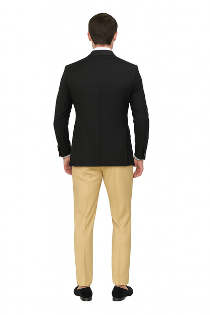 Men’s Black and Goldish Champaign Camel Bronze Tuxedo with Satin Shawl Lapel and Matching Vest with Bowtie