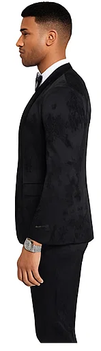 2025 Floral Mens 3PC Suit w/ Double Breasted Prom Vest by Tazzio, Black Black Prom Tuxedos