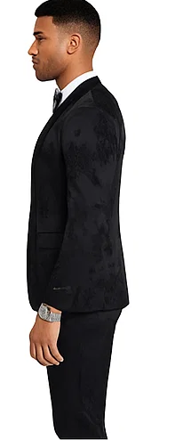 2025 Floral Mens 3PC Suit w/ Double Breasted Prom Vest by Tazzio, Black Black Prom Tuxedos