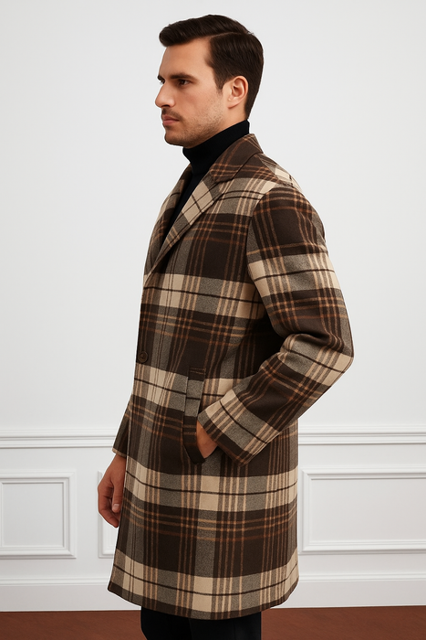 Plaid Wool Overcoat – Brown & Camel Mixed Color Topcoat