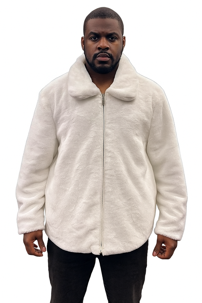 Men's White Fur Short Coat – Single Breasted, Full Zip, Regular Fit