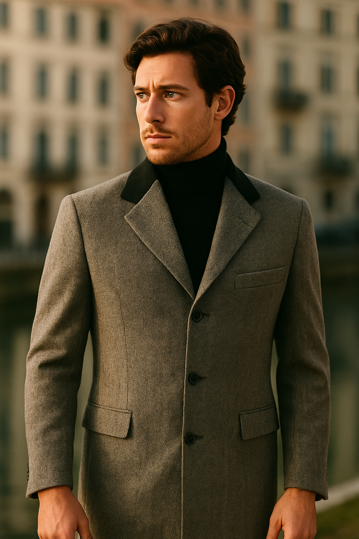 Herringbone Wool & Cashmere Chesterfield Overcoat – 1920s Full Length - Image 3