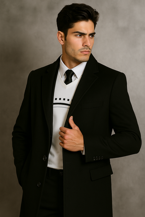 Men's Black Wool Overcoat – Big & Tall Dress Topcoat in Dark Color
