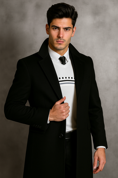 Men's Black Wool Overcoat – Big & Tall Dress Topcoat in Dark Color