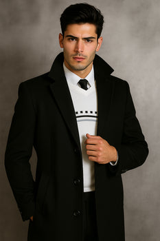 Men's Black Wool Overcoat – Big & Tall Dress Topcoat in Dark Color - Image 8