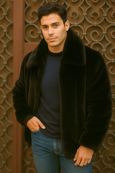 Men's Black Faux Fur Overcoat – Fuzzy Warm Winter Jacket Style - Image 7