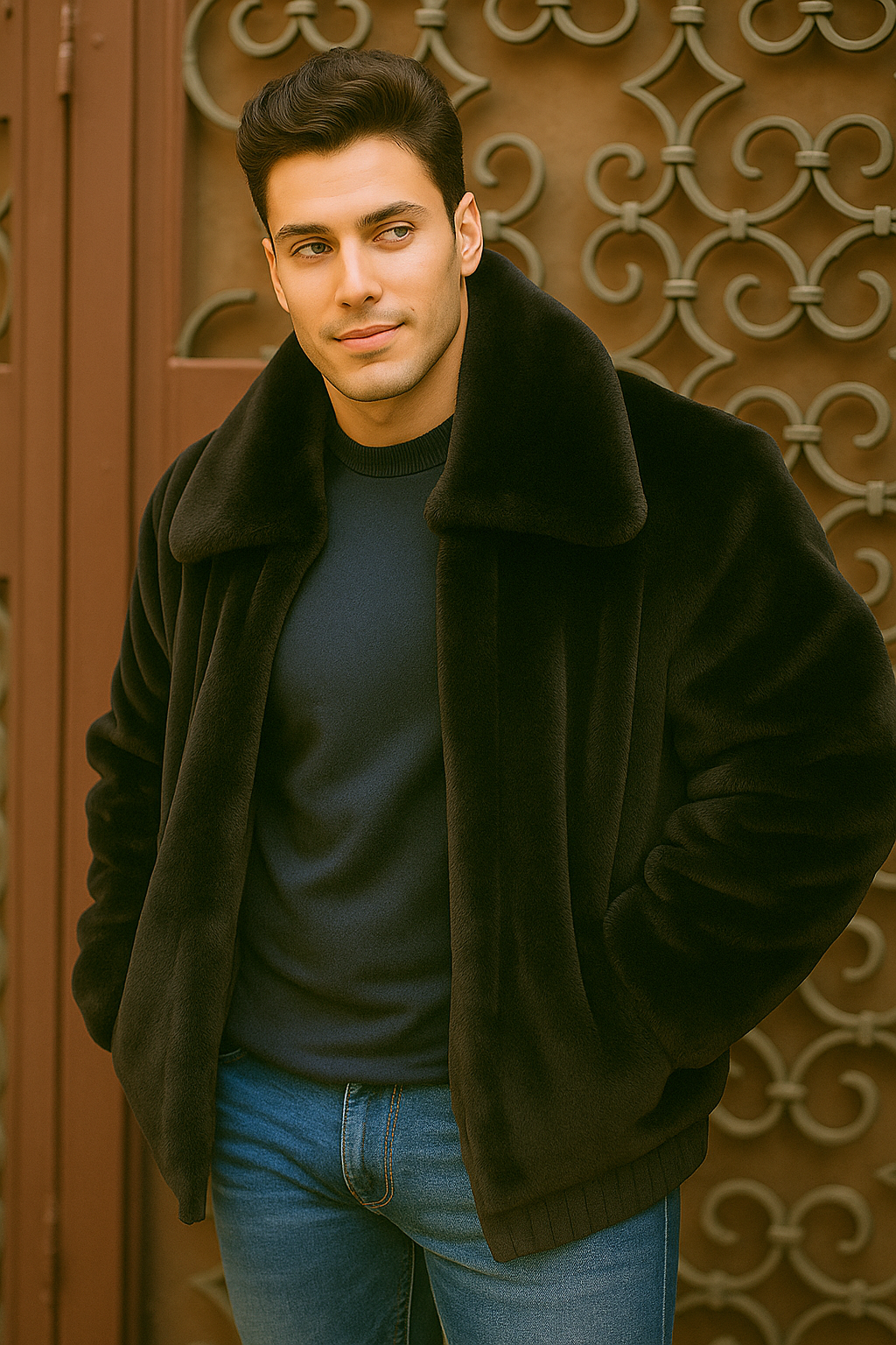Men's Black Faux Fur Overcoat – Fuzzy Warm Winter Jacket Style - Image 5