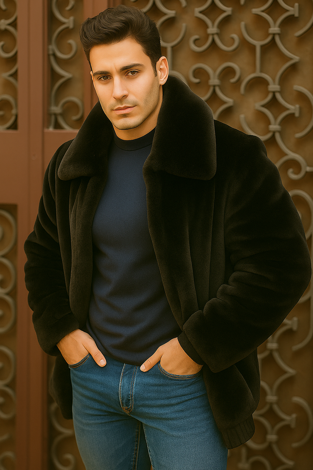 Men's Black Faux Fur Overcoat – Fuzzy Warm Winter Jacket Style - Image 4