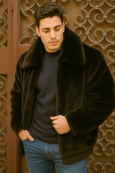 Men's Black Faux Fur Overcoat – Fuzzy Warm Winter Jacket Style - Image 3