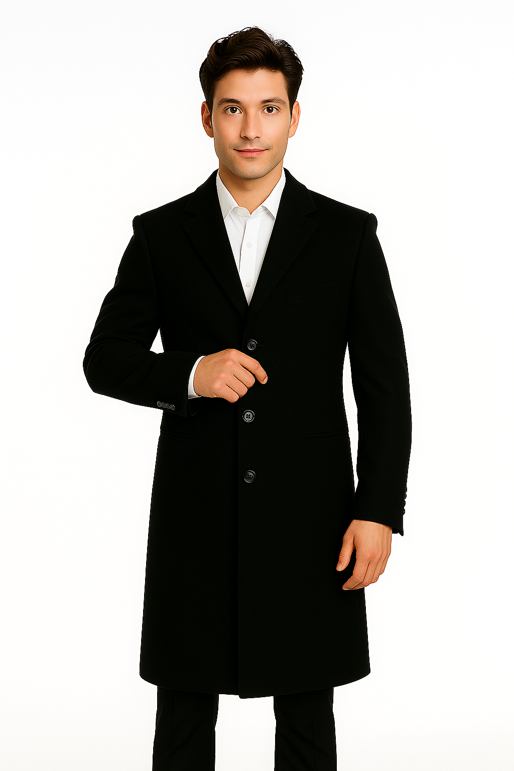 Men's Black Wool Overcoat – 3 Button Ankle Length Winter Dress Coat Black / Coat Size 48