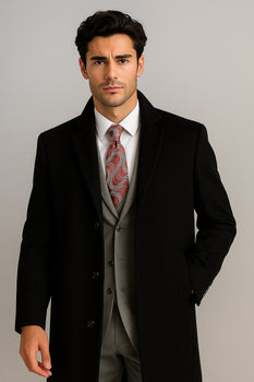 Mens Black Wool and Cashmere Overcoat – Full Length Topcoat or Three Quarter Carcoat - Image 4