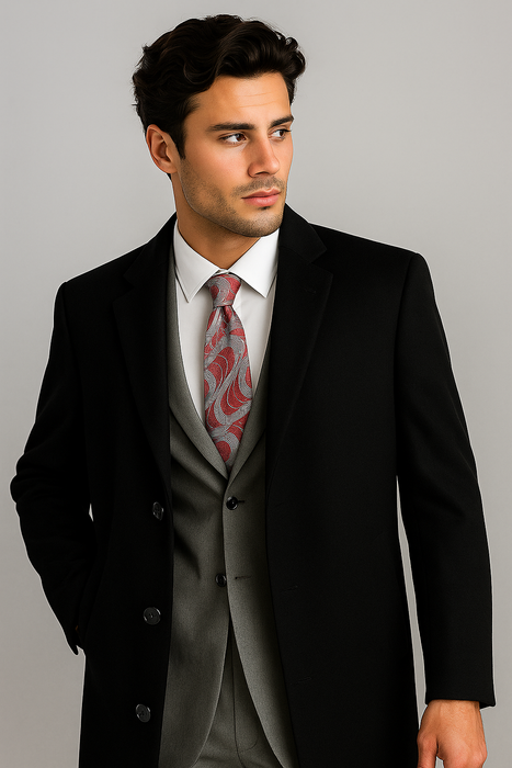 Men's Black Wool & Cashmere Overcoat – Classic Full Length Topcoat