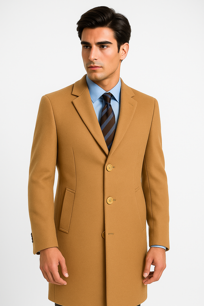 Men's Camel Wool & Cashmere Overcoat – Classic Full Length Topcoat - Image 4