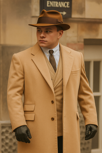 Men's Camel Two Flap Front Pockets Peaky Blinders Suits - Peaky Blinders Outfit + Overcoat + Hat (Peaky Blinder Custome)