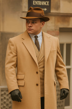 Men's Camel Two Flap Front Pockets Peaky Blinders Suits - Peaky Blinders Outfit + Overcoat + Hat (Peaky Blinder Custome) - Image 3