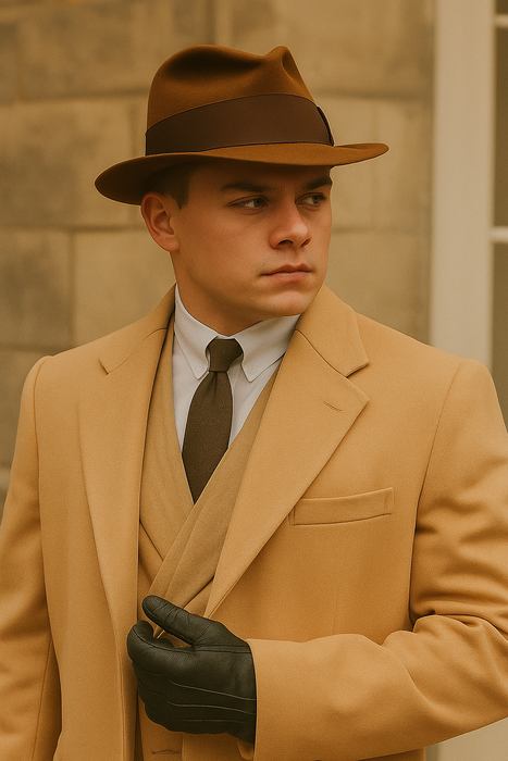 Men's Camel Two Flap Front Pockets Peaky Blinders Suits - Peaky Blinders Outfit + Overcoat + Hat (Peaky Blinder Custome)