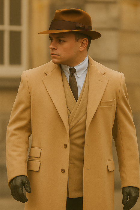 Men's Camel Two Flap Front Pockets Peaky Blinders Suits - Peaky Blinders Outfit + Overcoat + Hat (Peaky Blinder Custome)