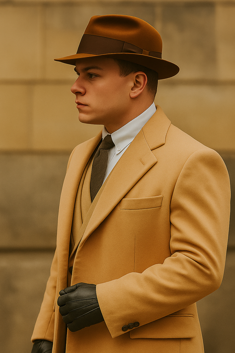 Men's Camel Two Flap Front Pockets Peaky Blinders Suits - Peaky Blinders Outfit + Overcoat + Hat (Peaky Blinder Custome)