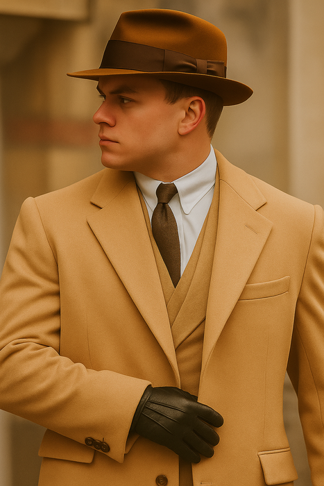 Men's Camel Two Flap Front Pockets Peaky Blinders Suits - Peaky Blinders Outfit + Overcoat + Hat (Peaky Blinder Custome)