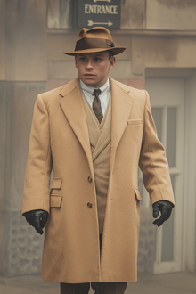 Men's Camel Two Flap Front Pockets Peaky Blinders Suits - Peaky Blinders Outfit + Overcoat + Hat (Peaky Blinder Custome)