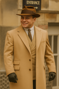 Men's Camel Two Flap Front Pockets Peaky Blinders Suits - Peaky Blinders Outfit + Overcoat + Hat (Peaky Blinder Custome)
