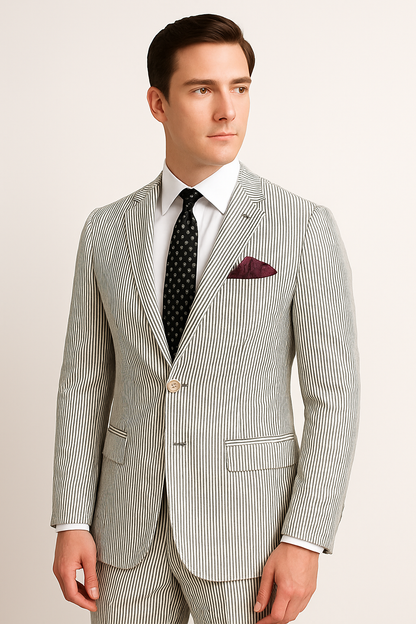 Men's 2pc Summer Seersucker Modern Fit Suit In Black Pinstripe - Image 4