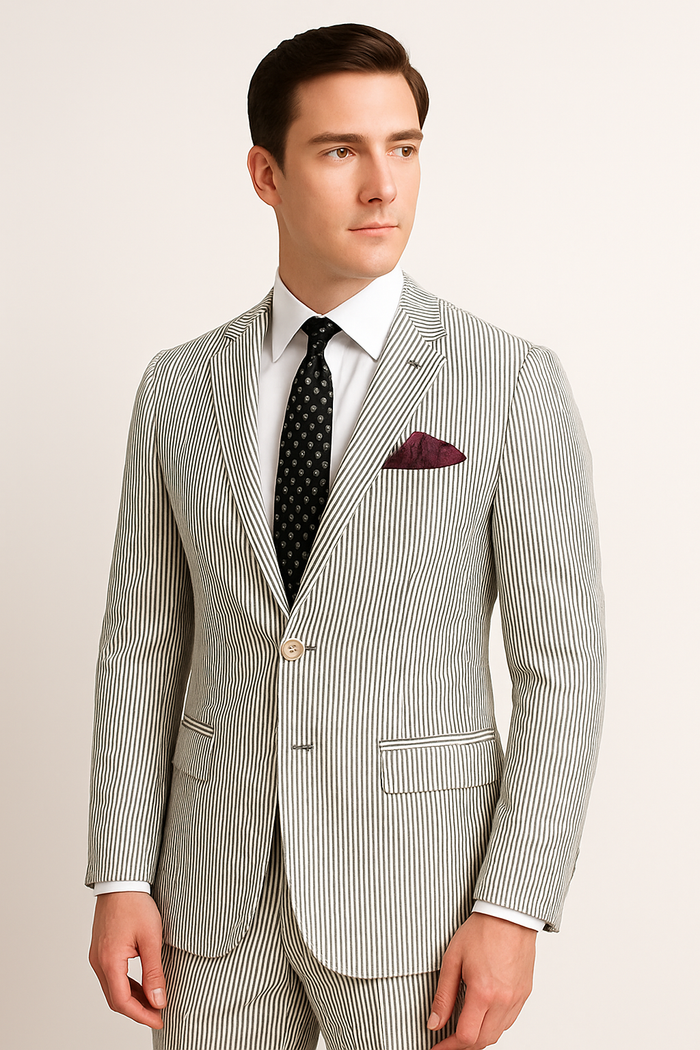 Men's 2pc Summer Seersucker Modern Fit Suit In Black Pinstripe - Image 6