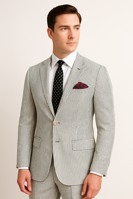 Men's 2pc Summer Seersucker Modern Fit Suit In Black Pinstripe