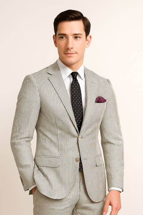 MEN'S 2PC SEERSUCKER MODERN FIT SUIT IN BLACK PINSTRIPE