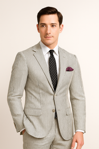 Men's 2pc Summer Seersucker Modern Fit Suit In Black Pinstripe