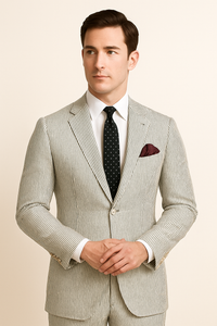 Men's 2pc Summer Seersucker Modern Fit Suit In Black Pinstripe