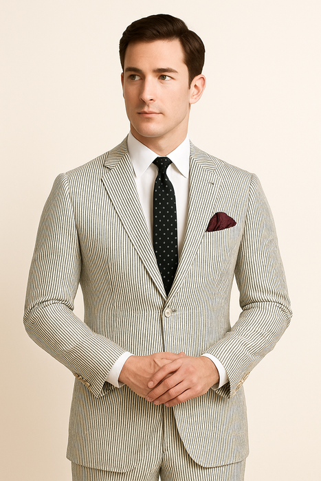 MEN'S 2PC SEERSUCKER MODERN FIT SUIT IN BLACK PINSTRIPE