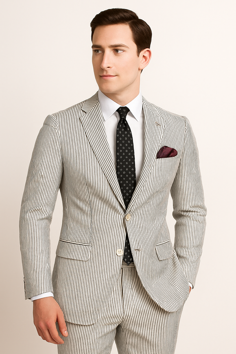 Men's 2pc Summer Seersucker Modern Fit Suit In Black Pinstripe